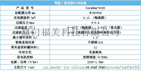 CeraMem-0100陶瓷，管式膜小试设备-标准设备参数